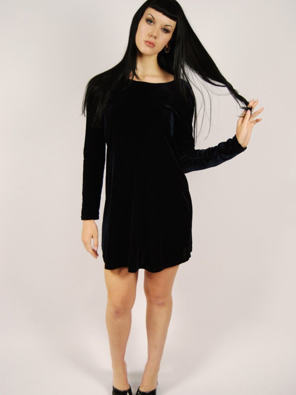 90s Velvet Dress (S) small navy blue vintage mini Dressing Clio skater flowy